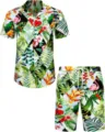 Ensemble chemise manches courtes et short imprime tropical haitien pour homme plage. - 3XL / Haut Et Bas / HJFS-CS04259