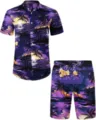 Ensemble chemise à manches courtes et short de plage imprimé palmier coucher de soleil 3D. - 3XL / Haut Et Bas / HJFS-CS04247