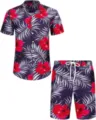 Ensemble Chemise Et Shorts Imprime Floral Tropical Haïtien Homme Bleu Marine Plage - 3XL / Haut Et Bas / HJFS-CS04255