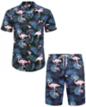 Ensemble Chemise et Short Hawaïen Homme Flamingo Feuille Tropicale Tenue Plage Bleu - 3XL / Haut Et Bas / HJFS-CS04260