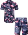 Ensemble chemise et short hawaïens élégants pour homme avec imprimé flamant rose et palmier. - 3XL / Haut Et Bas / HJFS-CS04257
