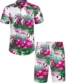 Ensemble chemise hawaïenne pour homme imprimé flamand rose et short de plage 3D - 3XL / Haut Et Bas / HJFS-CS04264
