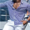 Men blue and white striped casual shirt, stylish British style top for autumn spring daily wear. - 2XL / Blue