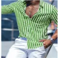 Men green white striped long sleeve shirt casual button down shirt spring autumn fashion top - S / Green
