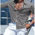 Men black and white striped long sleeve shirt, casual button down top for spring and autumn. - S / Black