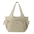 Beige nylon tote bag with multi-compartments, casual shoulder bag for daily work or travel. - Khaki