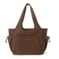 Large capacity nylon tote bag, multi-pocket casual shoulder bag for women commuting travel. - Coffee