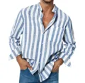 Men's Blue White Striped Long Sleeve Shirt Casual Stand Collar Cotton Top Variant Style Sz - S / Mandarin Collar Blue