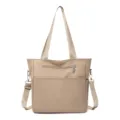 Minimalist solid color nylon tote bag for women, large capacity daily commuting shoulder bag. - Khaki