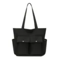 Black nylon tote bag, versatile shoulder bag with front pockets and large capacity for daily use. - Black