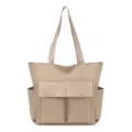 Large capacity nylon tote bag for women, khaki commute shoulder bag with multi pockets. - Khaki