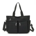 Black nylon shoulder bag for women, large capacity casual tote with multiple zipper pockets. - Black