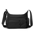 Black multi-compartment nylon messenger bag, casual lightweight shoulder bag for everyday commute. - Black