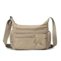 Khaki nylon multi-pocket crossbody bag for women, casual shoulder bag with wide strap. - Khaki