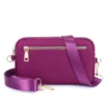 Purple nylon crossbody shoulder bag for women with gold metal zipper and wide adjustable strap. - Purple