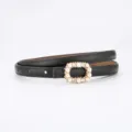 Ceinture fine femme en cuir noir avec boucle élégante de perles strass, accessoire chic. - 100cm / Enduit Noir
