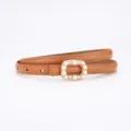 Ceinture en cuir marron élégante pour femme avec boucle perlée et strass chic. - 100cm / Enduit Chameau