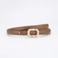 Variante ceinture fine femme marron, accessoire cuir boucle perle strass élégante. - 100cm / Enduit Caramel