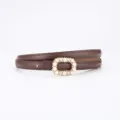 Élégant ceinture en cuir marron pour femmes avec boucle rectangulaire de perles strass. - 100cm / Enduit Café