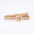Camel slim leather belt featuring a pearl rhinestone rectangular buckle, stylish and chic. - 100cm / Coated Khaki