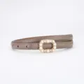 Women taupe leather belt with elegant pearl rhinestone buckle, 1.5cm slim dress waist strap. - 100cm / Coated Dark Gray