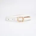 White thin leather belt for women, elegant pearl and rhinestone buckle dress trouser belt. - 100cm / Cross Grain White