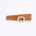 Slim brown leather belt with elegant pearl rhinestone buckle for women daily wear. - 100cm / Crossgrain Camel