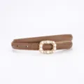 Brown thin leather belt with pearl rhinestone buckle, chic waist accessory for women skirts. - 100cm / Crossgrain Caramel