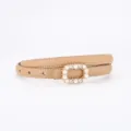 Camel women's thin leather belt with elegant pearl crystal buckle, stylish accessory. - 100cm / Crossgrain Khaki