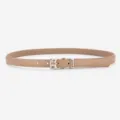 Women's minimalist narrow leather belt in nude with carved floral silver buckle for jeans. - Square Buckle / Khaki