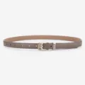 Minimalist women's thin leather belt in taupe with decorative floral buckle, versatile daily accessory. - Square Buckle / Dark Gray