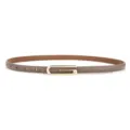 Detailed view of women's narrow taupe leather belt with elegant gold-tone metal buckle. - Long G Style / 100cm / Dark Gray