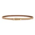 Detailed view of women's thin leather belt featuring a sleek metal buckle and fine stitching. - Long G Style / 100cm / Khaki