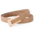 Women's leather belt detail shot, featuring a sleek metal rectangular buckle in light brown color. - 100cm / Khaki