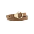 Chic women's thin leather belt featuring a gold round buckle, detailed product view. - Single Layer Circular Ring / Caramel color