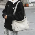 Large capacity nylon crossbody bag, casual lightweight shoulder tote for women and students. - White