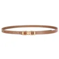 Women's slim brown leather belt with gold metal buckle, stylish dress accessory for waist. - Horsebit Buckle / Caramel color
