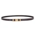 Detail view of women thin leather dress belt with elegant gold metal buckle stylish accessory - Horsebit Buckle / Coffee