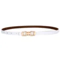 Women white thin leather belt with gold metal buckle elegant dress waist accessory fashion chic - Horsebit Buckle / White