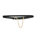 Women black leather thin belt with gold metal chain and ring fashion waist strap. - Single-Layer Chain / Black