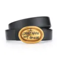 Black leather belt for women with large oval gold buckle and stylish engraved lettering. - 100cm / Black