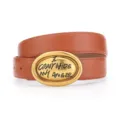 Brown leather belt with gold oval buckle featuring letter engraving, trendy vintage trousers belt. - 100cm / Camel