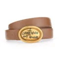 Stylish brown leather belt for women with a vintage gold oval buckle and unique lettering design. - 100cm / Caramel color