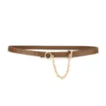 Detail view of a chic brown thin leather belt featuring a stylish gold chain and round buckle. - Single-Layer Chain / Caramel color