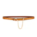 Close-up detail shot of a stylish brown leather belt featuring a gold ring and hanging chain. - Single-Layer Chain / Camel