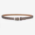 Minimalist women's leather belt with silver pin buckle, elegant thin strap for pants and suits. - Dark Gray / 105cm
