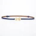 Blue patent leather thin belt for women featuring a sparkling gold crystal four leaf clover buckle. - Patent Royal Blue / 95cm
