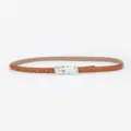 Women's slim brown leather belt with unique silver metal buckle for dresses and pants. - Camel With Silver Buckle