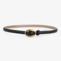Slim black leather belt for women featuring an elegant antique gold oval buckle for daily wear. - Black