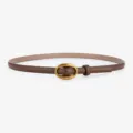 Brown leather belt for women with elegant oval metal buckle, thin fashion waist strap variant. - Caramel color